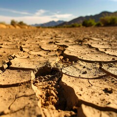 Dry, cracked earth stretching to mountains
