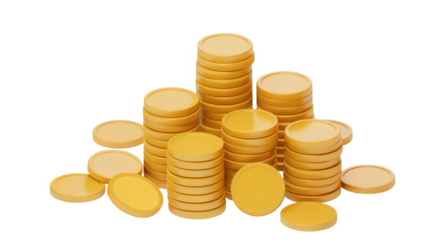 A tall stack of golden round coins piled high in a pyramid formation isolated on transparent background