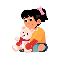Joyful young girl in orange shirt and blue shorts holding a soft teddy bear with a red scarf and pink bow in her hair isolated on a transparent background