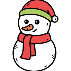 Cute Winter Snowman Wearing A Red Santa Hat Green Band And Red Scarf With Carrot Nose On Transparent Background In Doodle Style