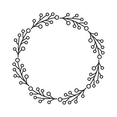 Delicate Black And White Floral Wreath Border Design With Small Round Berries And Thin Stem Branches On A Transparent Background