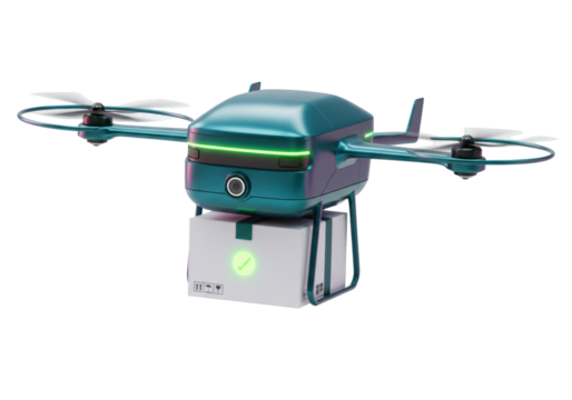 Isolated drone delivery service with box package, modern air transport concept for shipping
