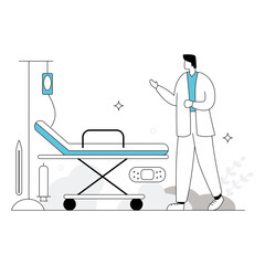 Doctor Supervising Medical Treatment Standing Beside A Blue Gurney And IV Drip Bag With Clean Line Art Style On Transparent Background