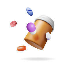 Brown Prescription Medicine Bottle With White Cap Surrounded By Floating Red Blue Purple And White Pills Isolated On White Background With Subtle Shadow