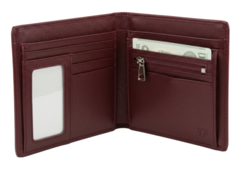 Isolated bifold wallet with compartments and zipper and paper currency inserted inside