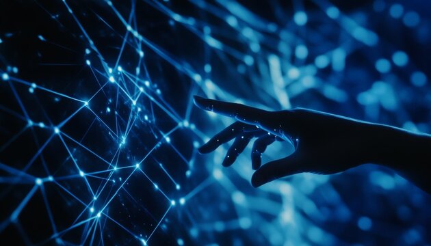 A dark blue image shows a hand reaching towards a complex network of interconnected nodes and lines, glowing bright blue against a black background. - Powered by Adobe
