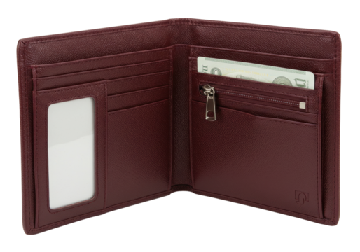 Isolated bifold wallet with compartments and zipper and paper currency inserted inside