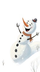 Snowman falling into the snow and smiling joyfully, on a transparent background, copy space