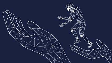 Digital representation of robot figure in dynamic pose, emerging from stylized hands, symbolizing support and innovation