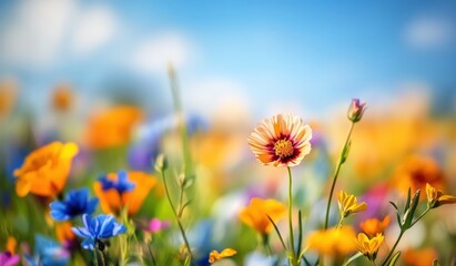 Fototapeta premium A vibrant field of colorful flowers under a bright blue sky, showcasing various blossoms in shades of orange, yellow, pink, and blue, creating a cheerful atmosphere.