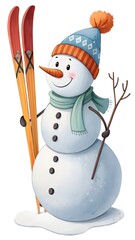 Snowman holding skis and smiling happily, on a transparent background, copy space