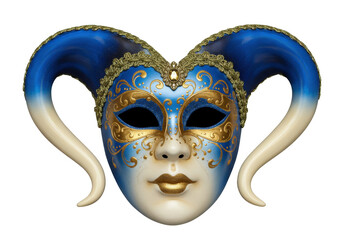 Isolated Venetian mask with horns, elaborate gold ornamentation, Mardi Gras celebrations © Sindre