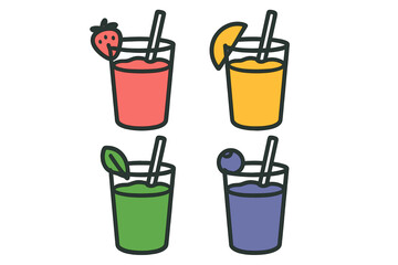 Four refreshing fruit drinks in glasses garnished with strawberry, orange, mint, and blueberry