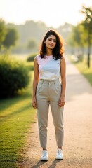 Attractive Girl Posing in Garden. Modern Outdoor Portrait Photography.