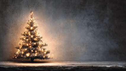 A realistic photo of a glowing Christmas tree with decorations, minimalist and Clean background