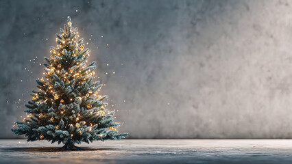 A realistic photo of a glowing Christmas tree with decorations, minimalist and Clean background