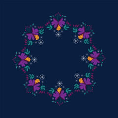 A winter Christmas round frame with lilac bows, yellow baubles, and winter greenery, snowflakes, holly, and spruce. A round snowflake-shaped frame with winter holiday elements.