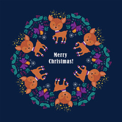 A round winter Christmas frame with reindeer, pine baubles, winter greenery, snowflakes, holly, and spruce. A round snowflake-shaped frame with winter holiday elements.