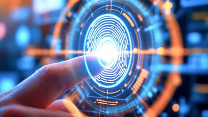 Finger touches a glowing fingerprint on a digital screen with futuristic, blue-orange accents - Powered by Adobe