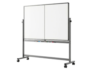 Mobile double-sided dry-erase board on a stand with wheels on a transparent background