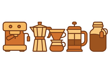Set of various coffee brewing methods including espresso machine Moka pot and French press