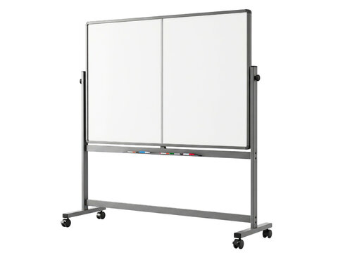 Mobile double-sided dry-erase board on a stand with wheels on a transparent background