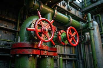 Red industrial valves on green piping in a steamy factory corridor