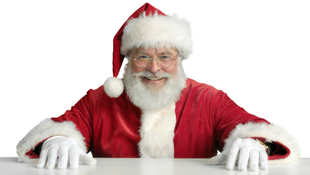 Friendly santa claus with a white beard and red suit smiling and leaning forward on a white surface isolated on transparent background