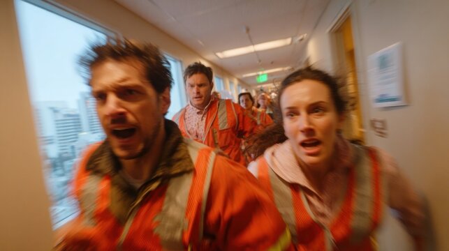 People running in a corridor, emergency evacuation