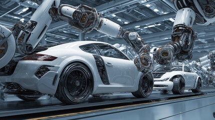 Obraz premium robotic arms assembling futuristic vehicles
