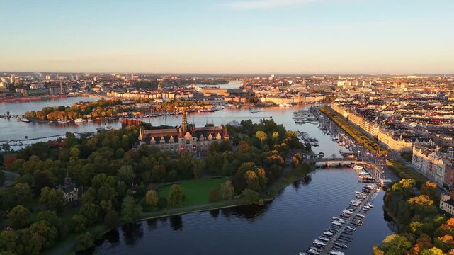 Aerial view of Stockholm, Sweden, with Djurg&aring;rden, &Ouml;stermalm, Strandv&auml;gen and the Old town, at dawn, beautiful autumn colours.