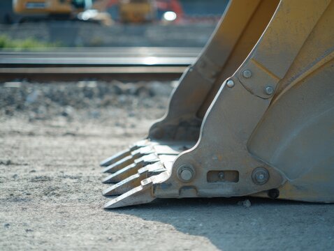 Fototapeta Heavy excavator track in a dusty construction site with gravel