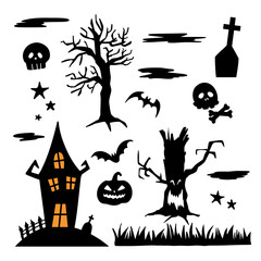 Halloween vector illustration set with haunted house, bats, pumpkins, and spooky trees