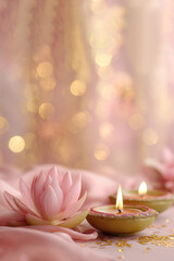 Buddhist banner. An elegant Diwali backdrop with flaming butter lamps, pink lotus flowers  soft silk fabric, festive bokeh lights, spiritual atmosphere. Perfect for celebrations, design, holiday decor