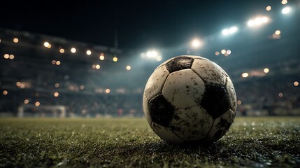 Soccer ball resting on stadium grass under bright lights