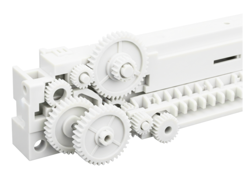 Interlocking white plastic gears of a complex machine mechanism on a transparent background