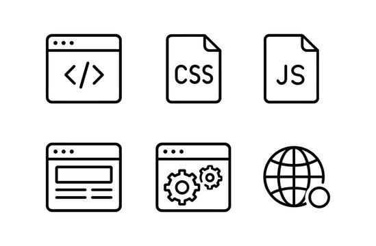 Minimalist icon set of web development symbols for coding and programming