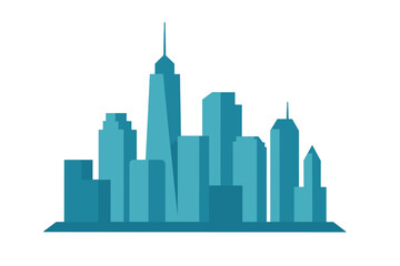 Fototapeta premium Stylized urban cityscape silhouette featuring modern skyscrapers and high-rise buildings in teal and blue shades
