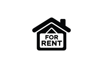 Simple black and white icon of a house with a for rent sign