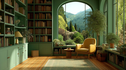 Retirement home office study with bookshelves window view and online meeting presentation setup
