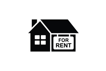 Simple silhouette icon of a house with a for rent sign on the front