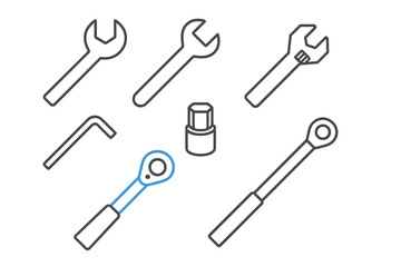 Fototapeta premium Outline set of professional maintenance and repair tools including spanners, socket, and ratchet handle
