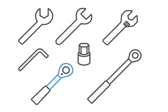 Outline set of professional maintenance and repair tools including spanners, socket, and ratchet handle