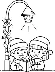Adorable Kids Caroling Under Lamppost Line Art - Festive Winter Holiday Scene, Christmas Celebration, Black and White Drawing for Coloring Book