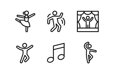 Minimalist dance icon set featuring ballet and music elements in linear style