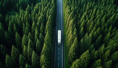 Aerial view of a truck driving along a road bordered by dense green forests, showcasing a harmonious connection between transport and nature.