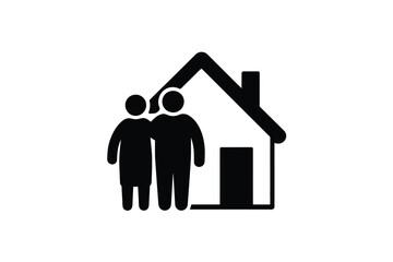 Couple standing together in front of a simple house icon symbolizing home and family