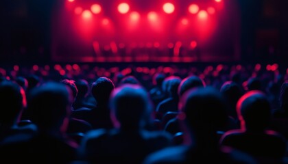 The backs of many heads are visible in the dim light of a concert venue, with a brightly lit stage in the background.