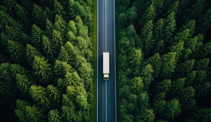 Obraz premium Aerial view of a truck traveling on a road through dense, lush green forests, showcasing the harmony between transportation and nature.
