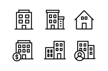 Linear style icons of buildings and houses with business elements
